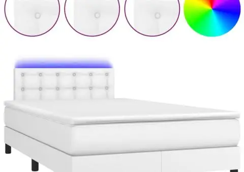 Pat cu arcuri, saltea și LED, alb, 120x200 cm, piele ecologică - 2/5