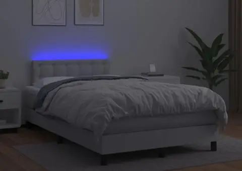 Pat cu arcuri, saltea și LED, alb, 120x200 cm, piele ecologică - 4/5