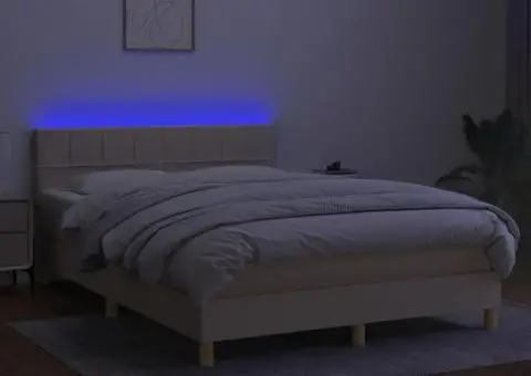 Pat cu arcuri, saltea și LED, crem, 140x200 cm, textil - 4/5