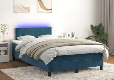 Pat cu arcuri, saltea și LED, albastru, 120x200 cm, catifea - 1/5