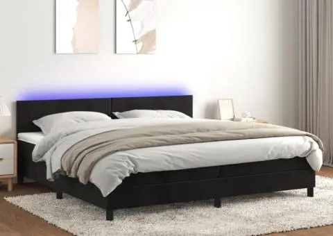 Pat cu arcuri, saltea și LED, negru, 200x200 cm, catifea - 1/5