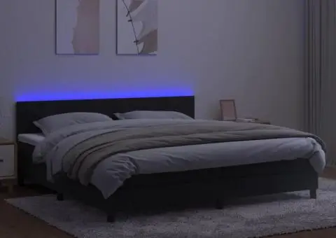 Pat cu arcuri, saltea și LED, negru, 200x200 cm, catifea - 3/5