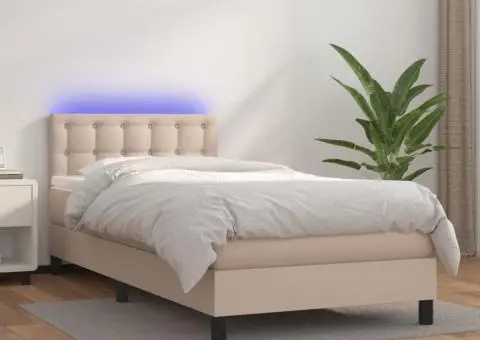 Pat cu arcuri, cu saltea și LED cappuccino 90x190 cm, piele eco - 1/5