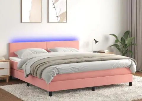 Pat continental cu saltea & LED, roz, 120x200 cm, catifea - 1/5