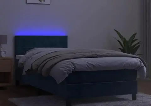 Pat cu arcuri, saltea și LED, bleumarin, 100x200 cm, catifea - 3/5