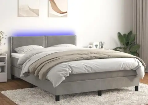 Pat continental cu saltea și LED gri deschis 140x190 cm catifea - 1/5