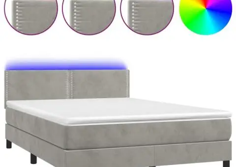 Pat continental cu saltea și LED gri deschis 140x190 cm catifea - 2/5