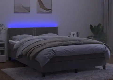 Pat continental cu saltea și LED gri deschis 140x190 cm catifea - 3/5