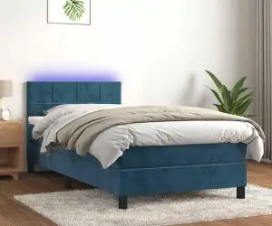 vidaXL Pat cu arcuri, saltea și LED, bleumarin, 90x190 cm, catifea