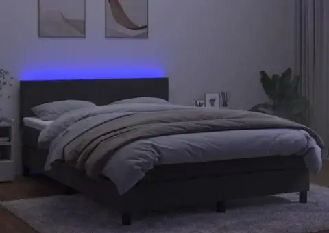 Pat cu arcuri, saltea și LED, gri închis, 140x190 cm, catifea - 4/5