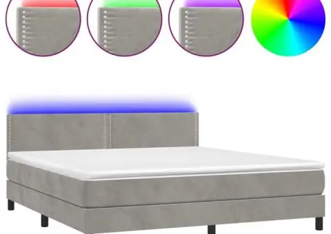 Pat cu arcuri, saltea și LED, gri deschis, 160x200 cm, catifea - 2/5