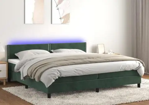 Pat cu arcuri, saltea și LED, verde închis, 200x200 cm, catifea - 1/5