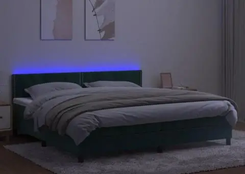 Pat cu arcuri, saltea și LED, verde închis, 200x200 cm, catifea - 3/5