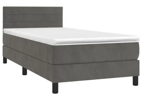 Pat cu arcuri, saltea și LED, gri închis, 90x190 cm, catifea - 3/5