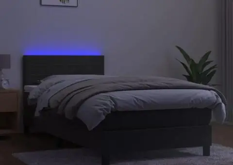 Pat cu arcuri, saltea și LED, gri închis, 90x190 cm, catifea - 4/5