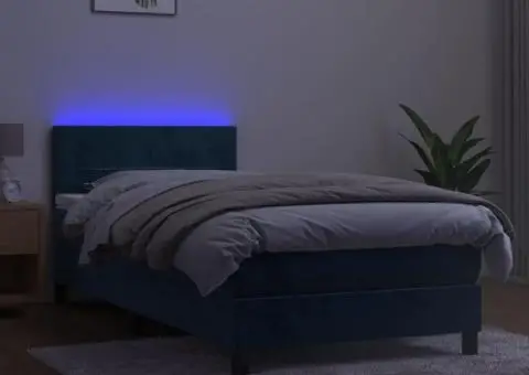 Pat cu arcuri, saltea și LED, bleumarin, 90x200 cm, catifea - 3/5