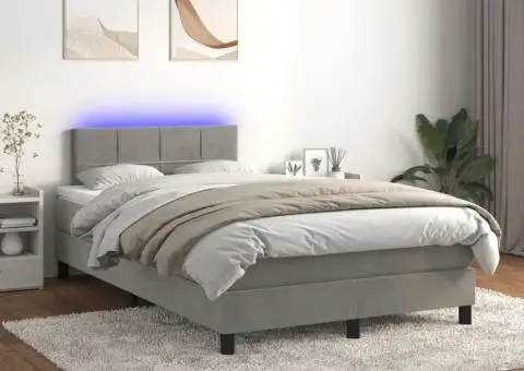 Pat cu arcuri, saltea și LED, gri deschis, 120x200 cm, catifea - 1/5