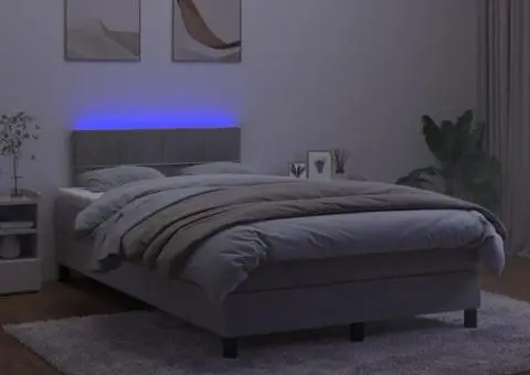 Pat cu arcuri, saltea și LED, gri deschis, 120x200 cm, catifea - 3/5