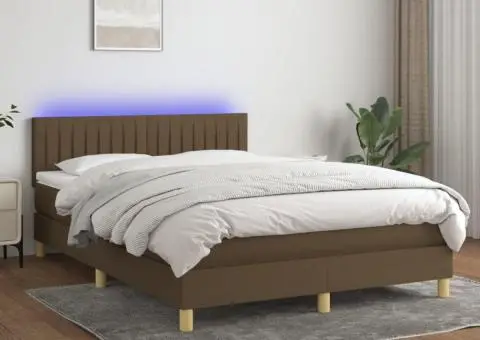 Pat cu arcuri, saltea și LED, maro închis, 140x190 cm, textil - 1/5