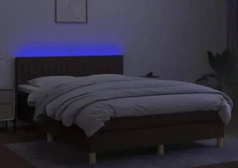 Pat cu arcuri, saltea și LED, maro închis, 140x190 cm, textil - 3/5