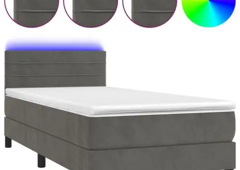 Pat cu arcuri, saltea și LED, gri închis, 100x200 cm, catifea - 2/5