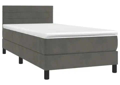 Pat cu arcuri, saltea și LED, gri închis, 100x200 cm, catifea - 3/5