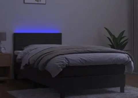 Pat cu arcuri, saltea și LED, gri închis, 100x200 cm, catifea - 4/5