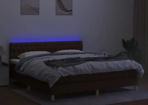 Pat cu arcuri, saltea și LED, maro închis, 160x200 cm, textil - 4/5