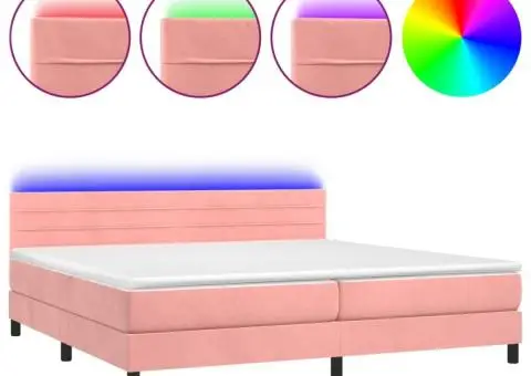 Pat continental cu saltea & LED, roz, 200x200 cm, catifea - 2/5