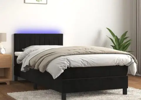 Pat cu arcuri, saltea și LED, negru, 90x190 cm, catifea - 1/5