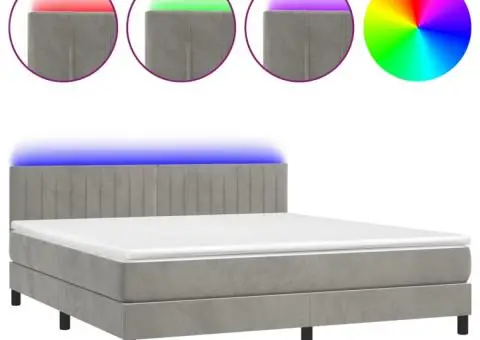 Pat cu arcuri, saltea și LED, gri deschis, 160x200 cm, catifea - 2/5