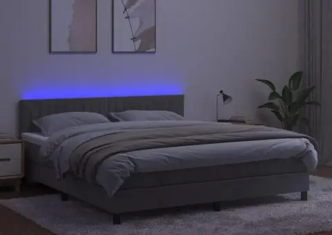 Pat cu arcuri, saltea și LED, gri deschis, 160x200 cm, catifea - 4/5