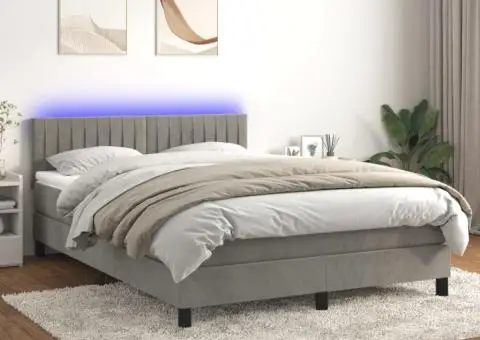 Pat continental cu saltea și LED gri deschis 140x190 cm catifea - 1/5