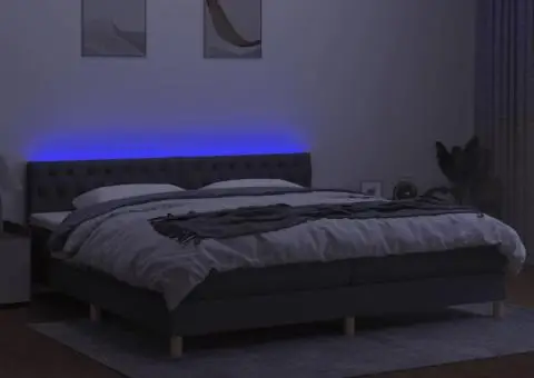 Pat cu arcuri, saltea și LED, gri închis, 200x200 cm, textil - 4/5