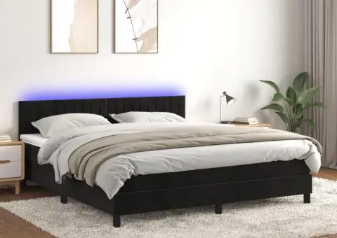 Pat cu arcuri, saltea și LED, negru, 160x200 cm, catifea - 1/5