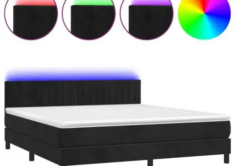 Pat cu arcuri, saltea și LED, negru, 160x200 cm, catifea - 2/5