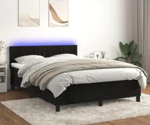 vidaXL Pat cu arcuri, saltea și LED, negru, 140x200 cm, catifea