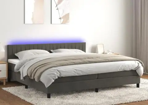 Pat cu arcuri, saltea și LED, gri închis, 200x200 cm, catifea - 1/5