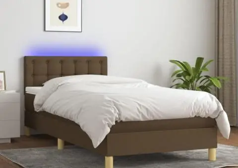 Pat cu arcuri, saltea și LED, maro închis, 90x200 cm, textil - 1/5