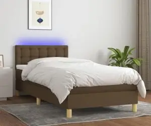 vidaXL Pat cu arcuri, saltea și LED, maro închis, 90x200 cm, textil