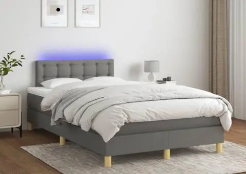 Pat cu arcuri, saltea și LED, gri închis, 120x200 cm, textil - 1/5