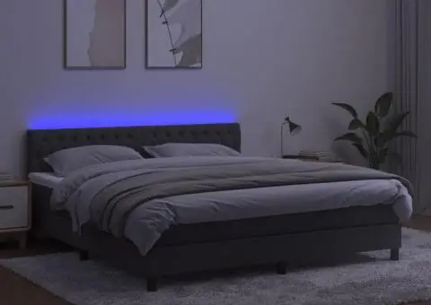 Pat cu arcuri, saltea și LED, gri închis, 160x200 cm, catifea - 4/5