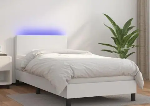 Pat cu arcuri, saltea și LED, alb, 100x200 cm, piele ecologică - 1/5