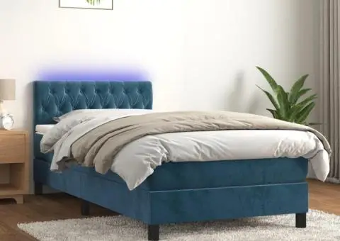 Pat cu arcuri, saltea și LED, bleumarin, 90x200 cm, catifea - 1/5