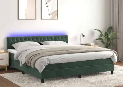 Pat cu arcuri, saltea și LED, verde închis, 180x200 cm, catifea - 1/5