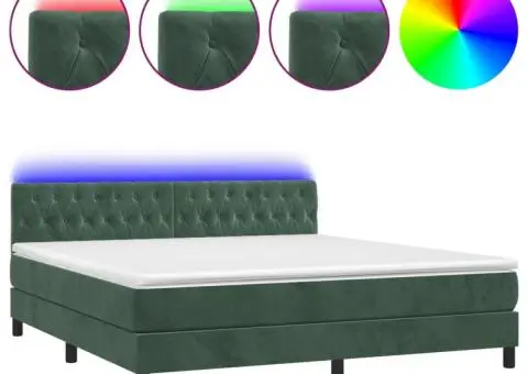 Pat cu arcuri, saltea și LED, verde închis, 180x200 cm, catifea - 2/5