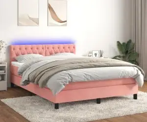 vidaXL Pat cu arcuri, cu saltea și LED, roz, 140x190 cm catifea
