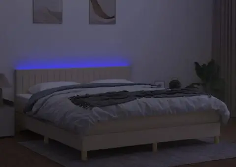 Pat cu arcuri, saltea și LED, crem, 180x200 cm, textil - 3/5