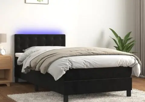 Pat cu arcuri, saltea și LED, negru, 90x200 cm, catifea - 1/5