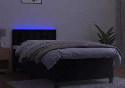 Pat cu arcuri, saltea și LED, negru, 90x200 cm, catifea - 4/5